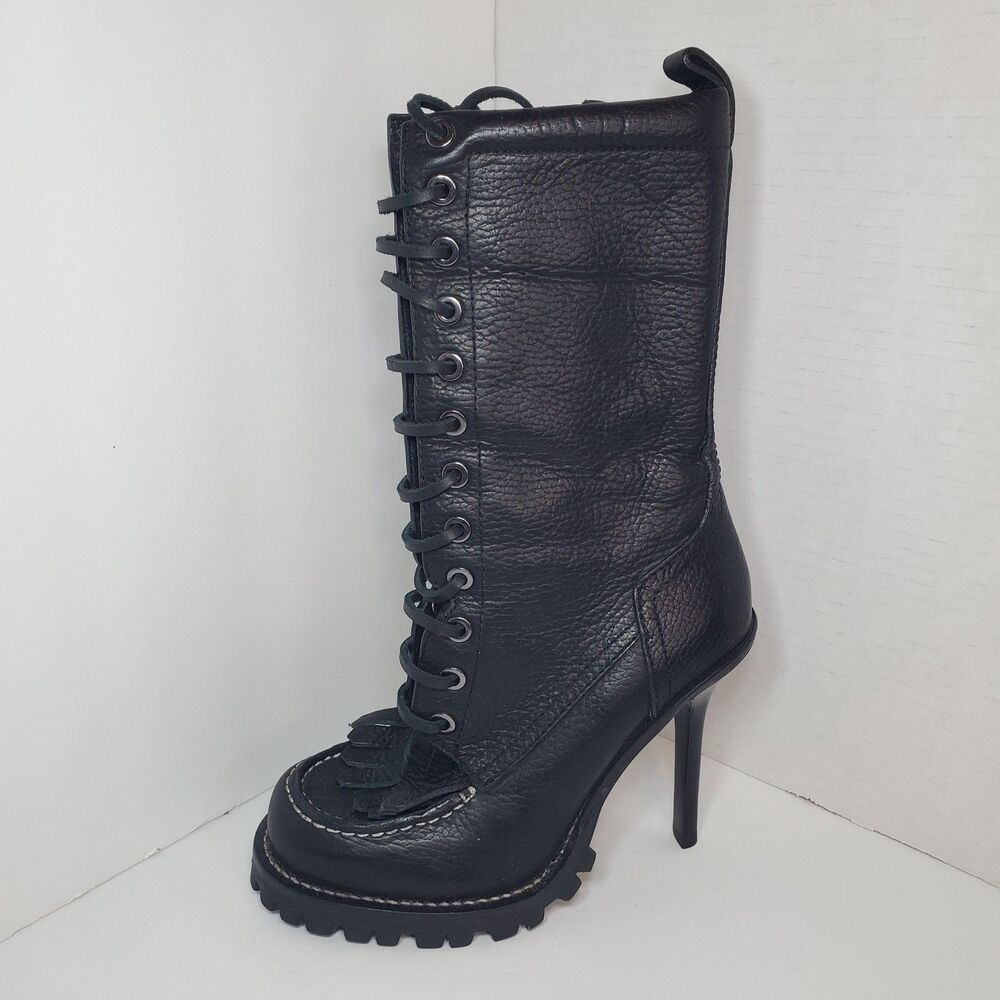 Tory Burch Trigg Boot Lace Up Pebbled Leather 4" Stiletto Heels Womens Size 5